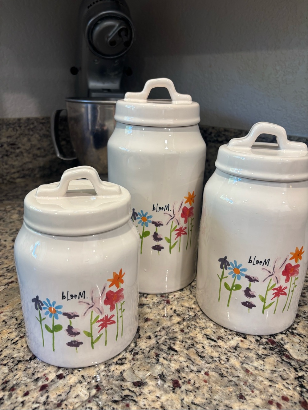 Rae Dunn White Ceramic Canister Set with Colorful Floral Bloom Design - 3 Piece